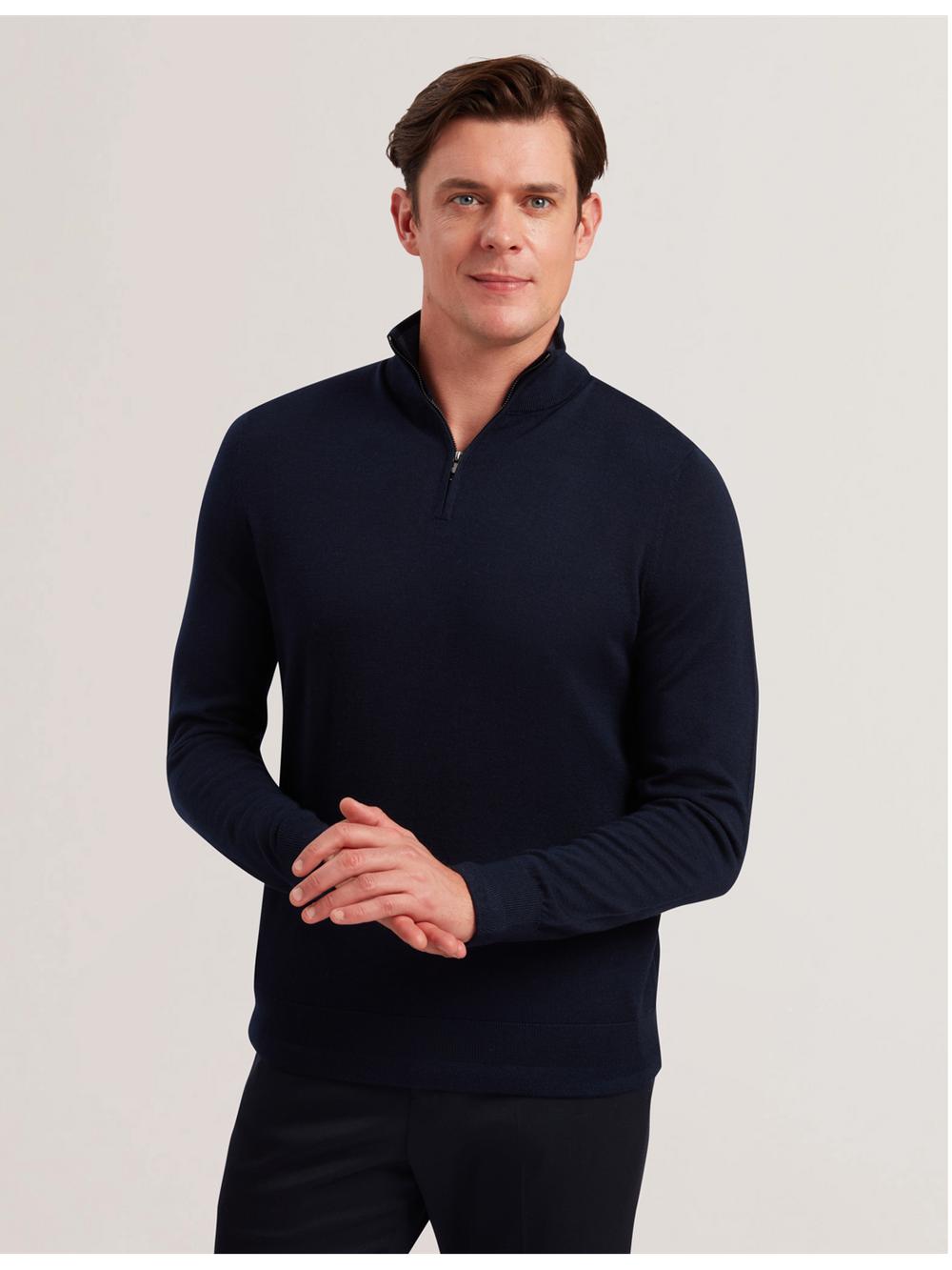 Men Ted Baker LIMEHAS - Wool Quarter Zip Funnel Neck Sweater Jumpers Navy | MOTF59160