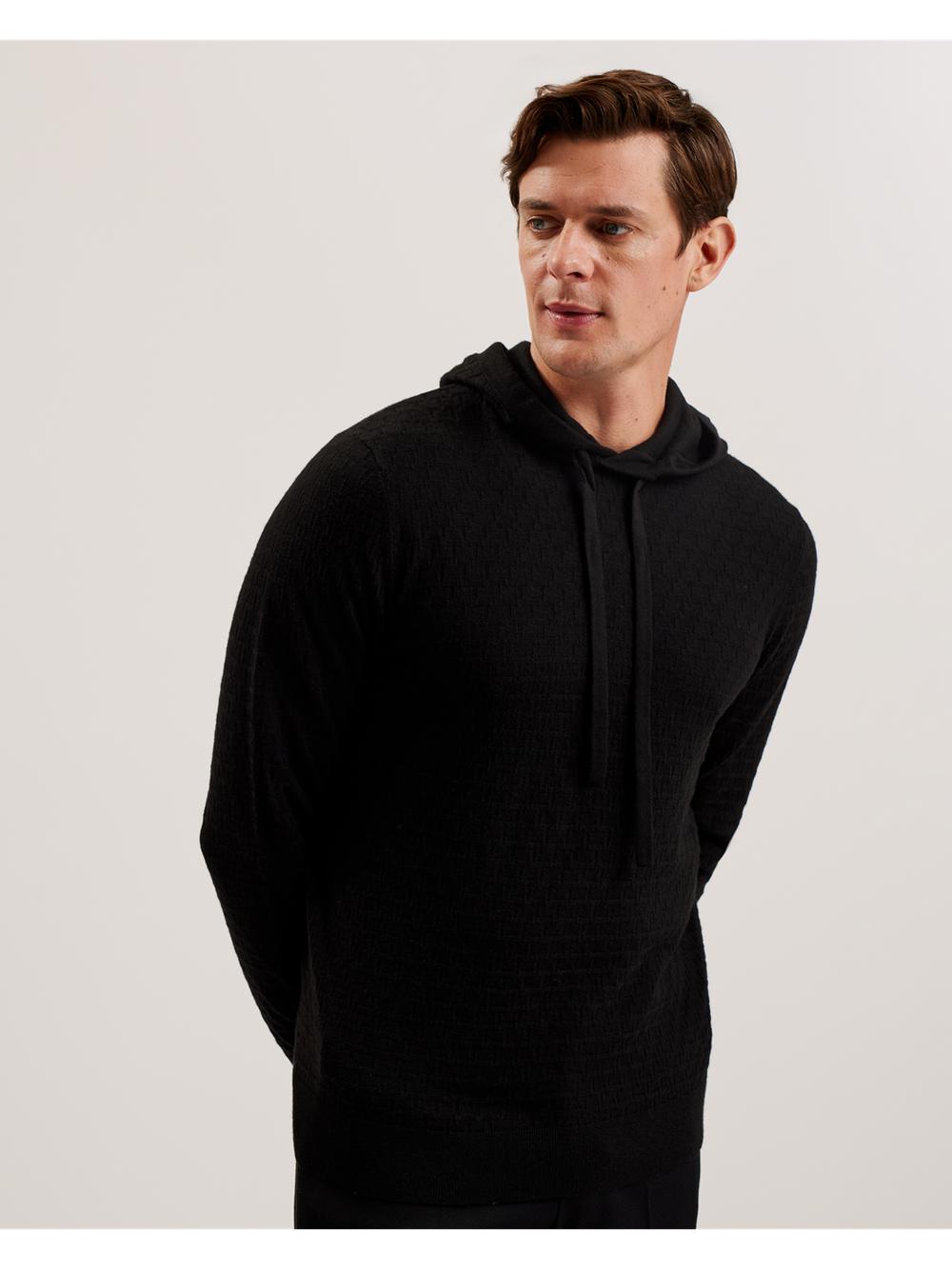 Men Ted Baker LOULAR - Textured T Knit Wool Blend Hoodies Black | ECJS83275