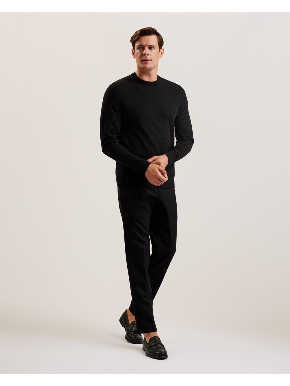 Men Ted Baker LOUNG - Textured T Knit Crew Neck Jumpers Black | DXCY42807