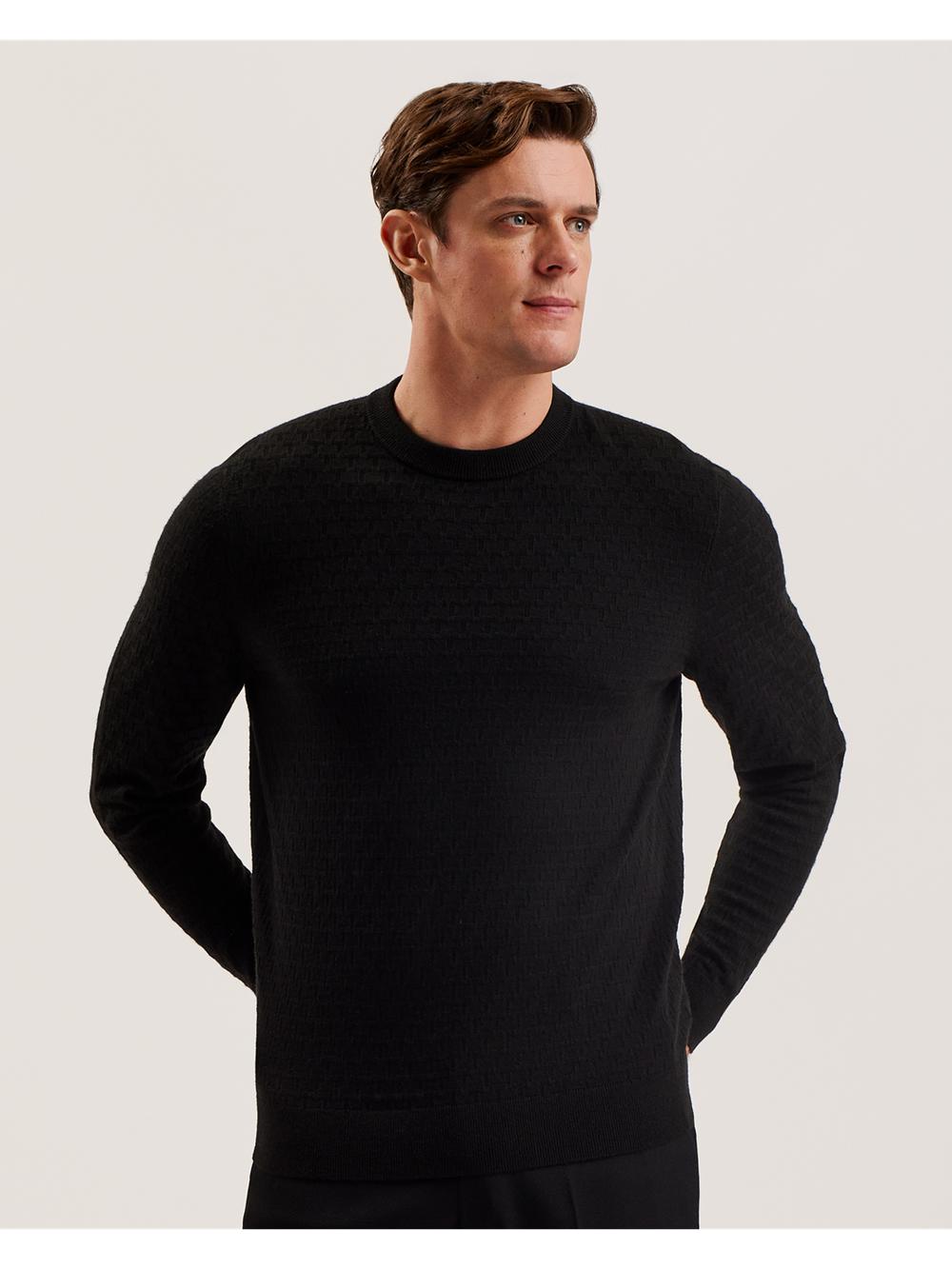 Men Ted Baker LOUNG - Textured T Knit Crew Neck Jumpers Black | DXCY42807