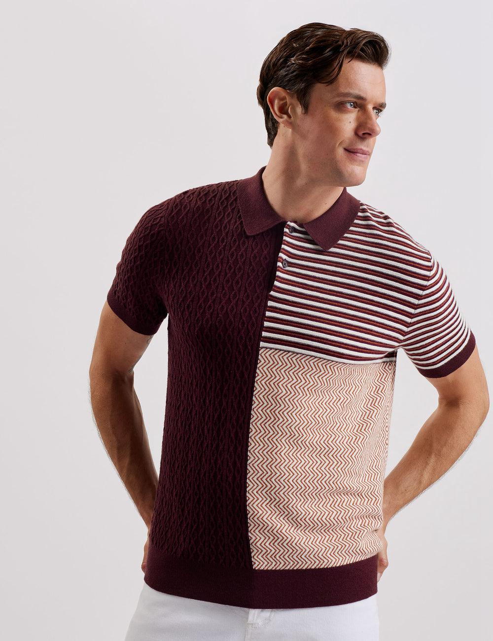 Men Ted Baker MINSTA - Textured Patchwork Knit Polos Shirts Maroon | XROW86124