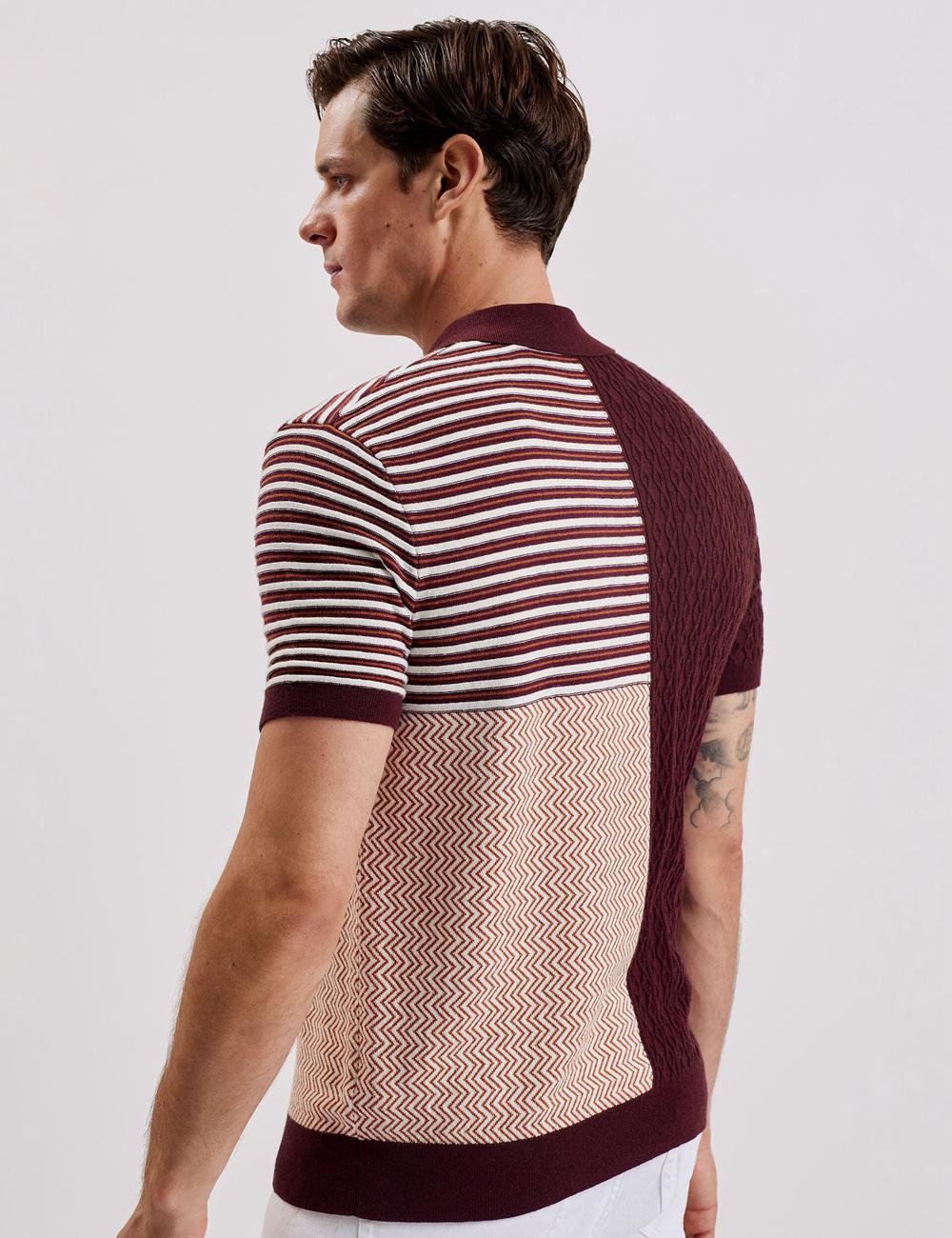 Men Ted Baker MINSTA - Textured Patchwork Knit Polos Shirts Maroon | XROW86124