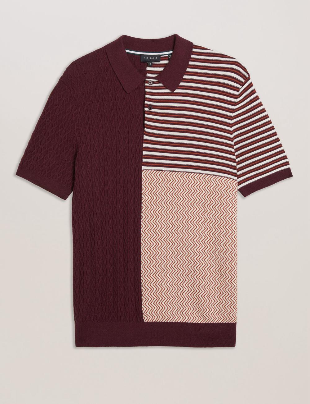 Men Ted Baker MINSTA - Textured Patchwork Knit Polos Shirts Maroon | XROW86124