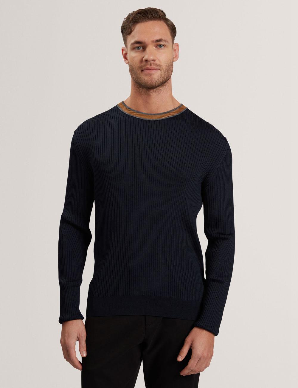 Men Ted Baker NAYOR - Long Sleeve Rayon Ribbed Crew Neck Jumpers Navy | KOXV42739