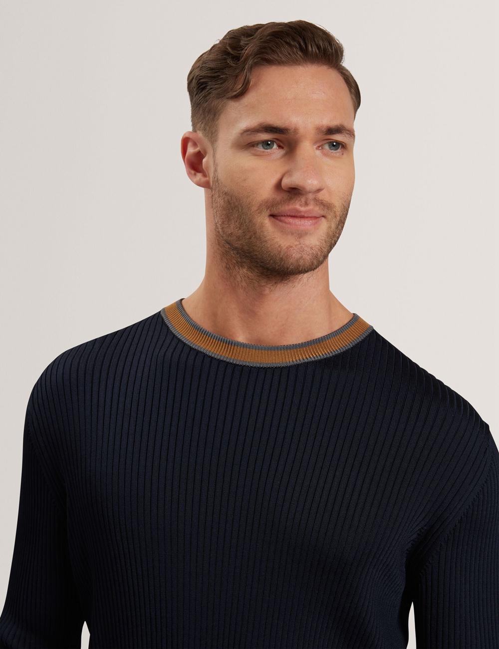 Men Ted Baker NAYOR - Long Sleeve Rayon Ribbed Crew Neck Jumpers Navy | KOXV42739