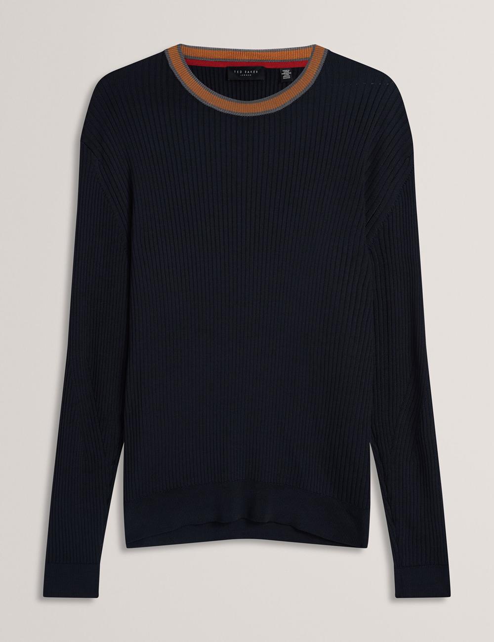 Men Ted Baker NAYOR - Long Sleeve Rayon Ribbed Crew Neck Jumpers Navy | KOXV42739