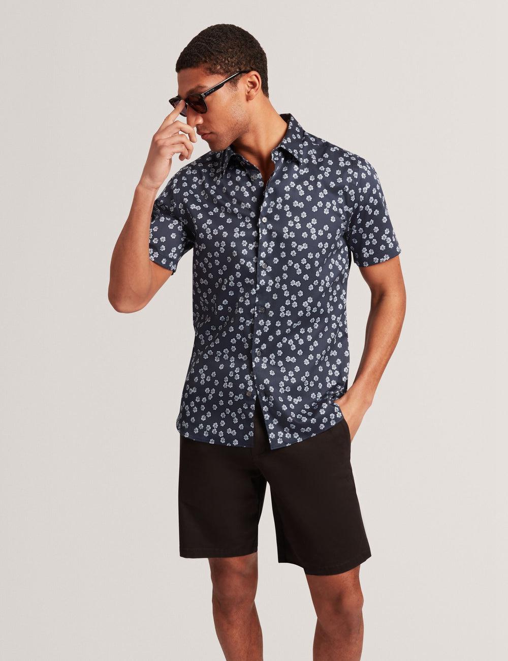 Men Ted Baker NIKSHO - Short Sleeve Slim Ditsy Floral Casual Shirts Navy | LYCA40526