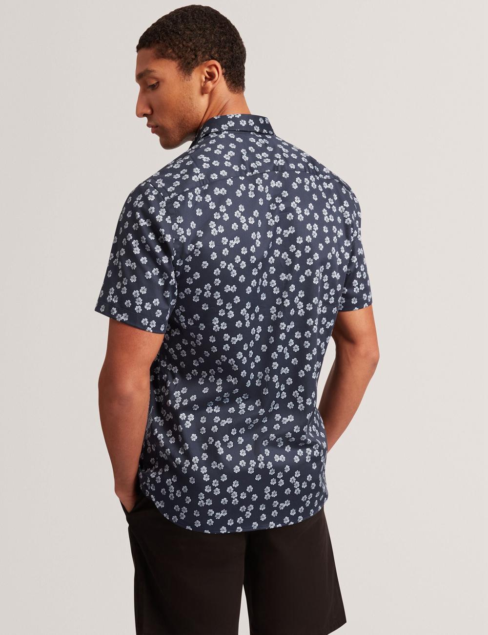 Men Ted Baker NIKSHO - Short Sleeve Slim Ditsy Floral Casual Shirts Navy | LYCA40526