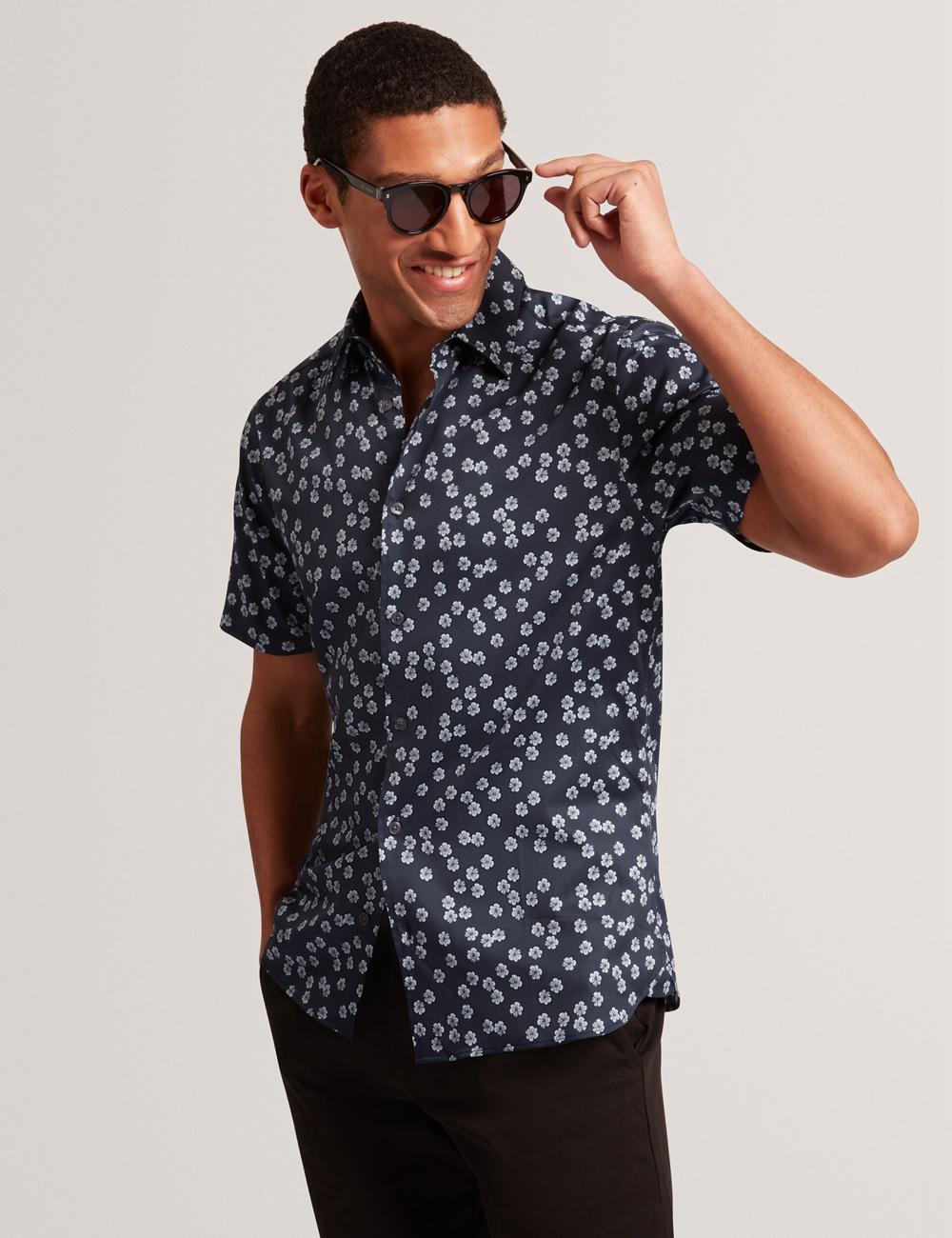 Men Ted Baker NIKSHO - Short Sleeve Slim Ditsy Floral Casual Shirts Navy | LYCA40526