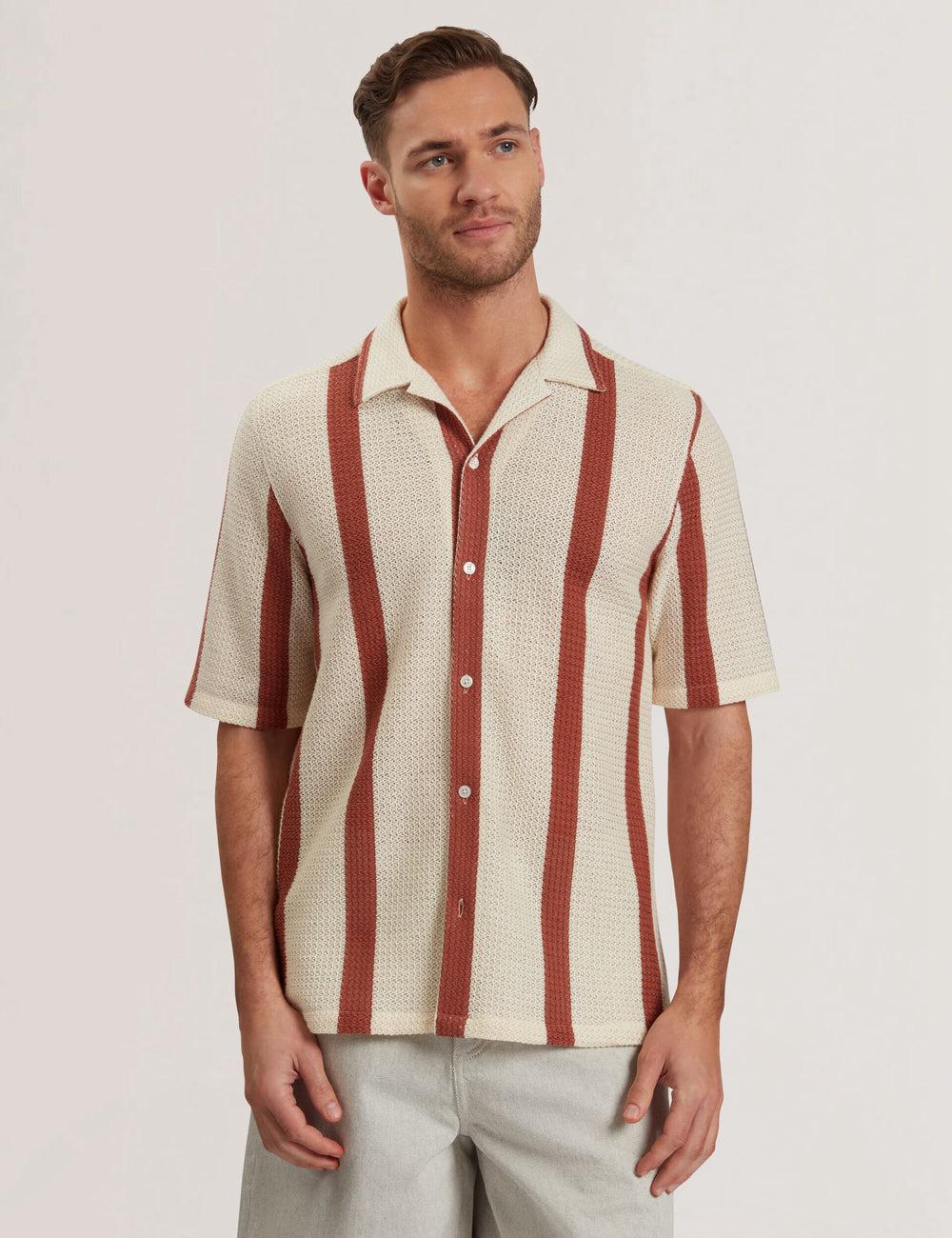 Men Ted Baker NIKS - Short Sleeve Stripe Crochet Oversized Casual Shirts Taupe | DSBL42960