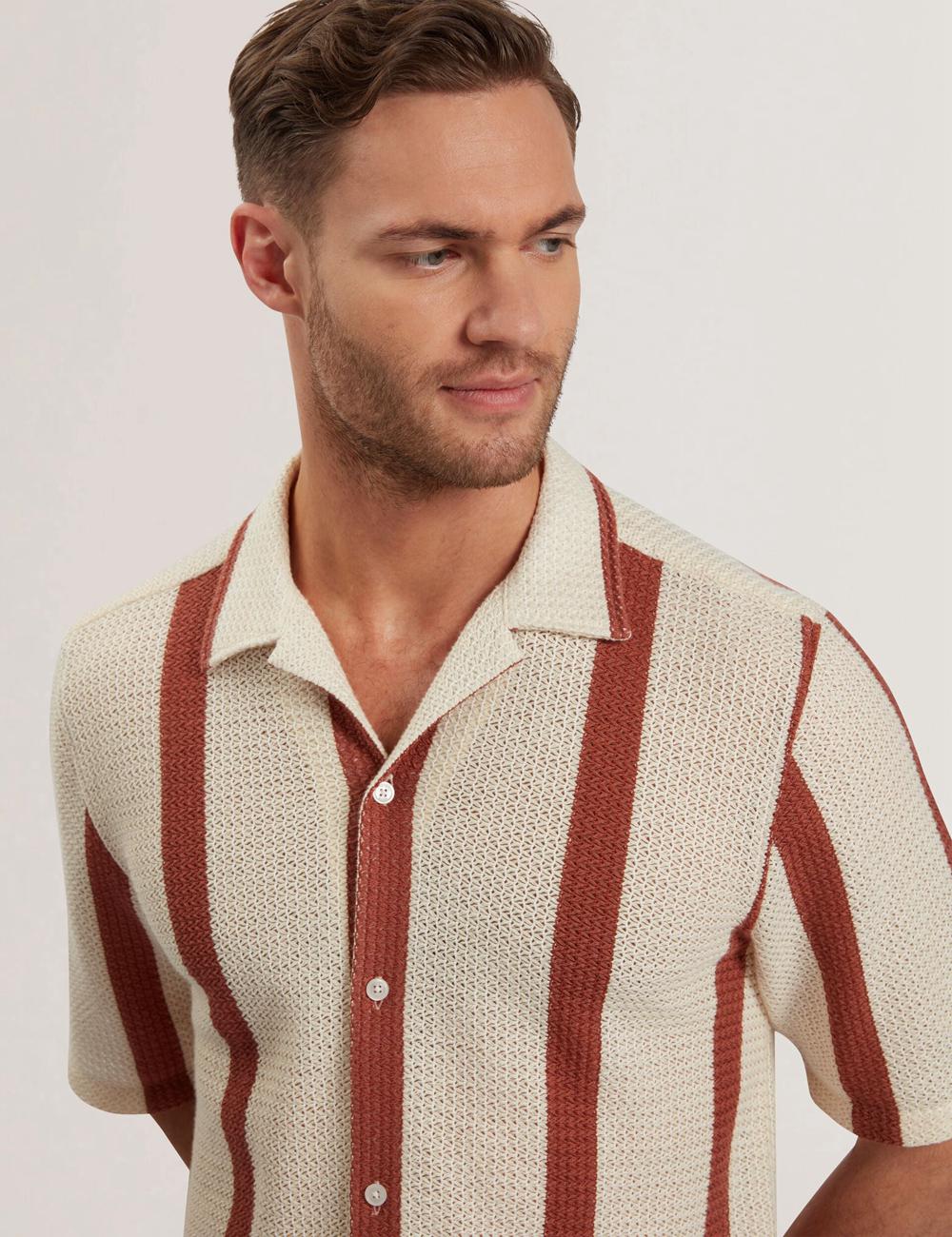 Men Ted Baker NIKS - Short Sleeve Stripe Crochet Oversized Casual Shirts Taupe | DSBL42960