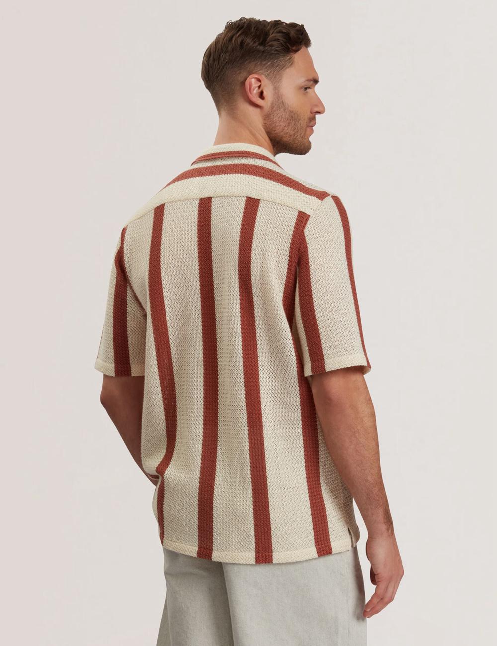 Men Ted Baker NIKS - Short Sleeve Stripe Crochet Oversized Casual Shirts Taupe | DSBL42960