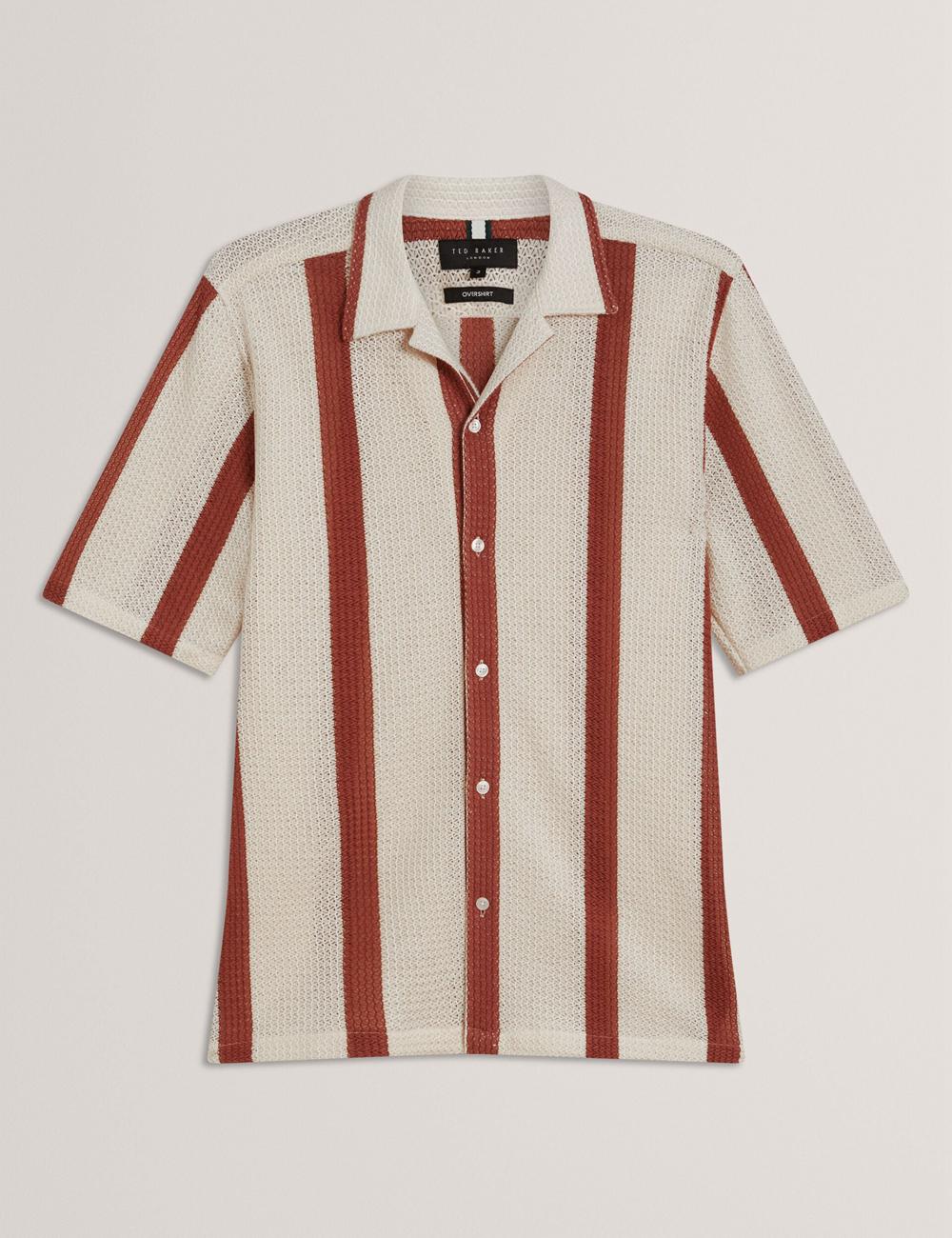 Men Ted Baker NIKS - Short Sleeve Stripe Crochet Oversized Casual Shirts Taupe | DSBL42960