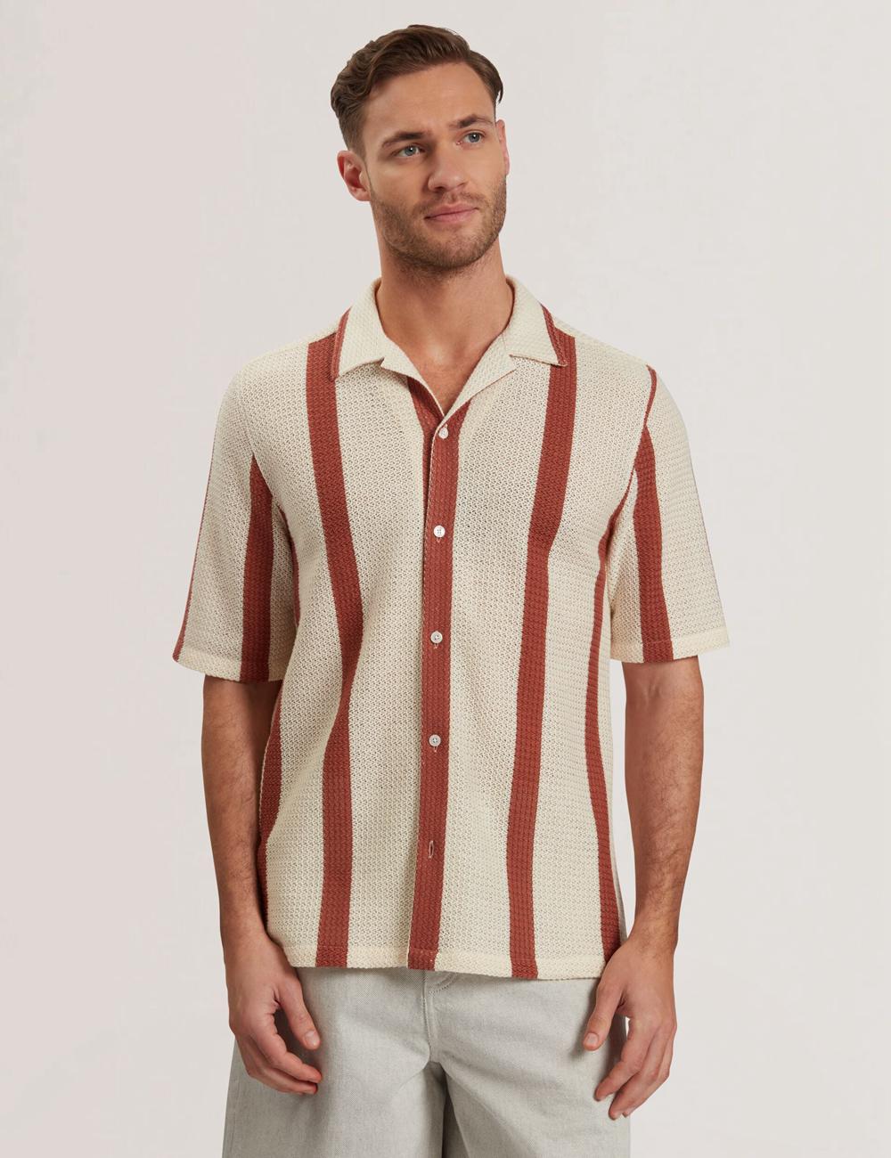 Men Ted Baker NIKS - Short Sleeve Stripe Crochet Oversized Casual Shirts Taupe | DSBL42960