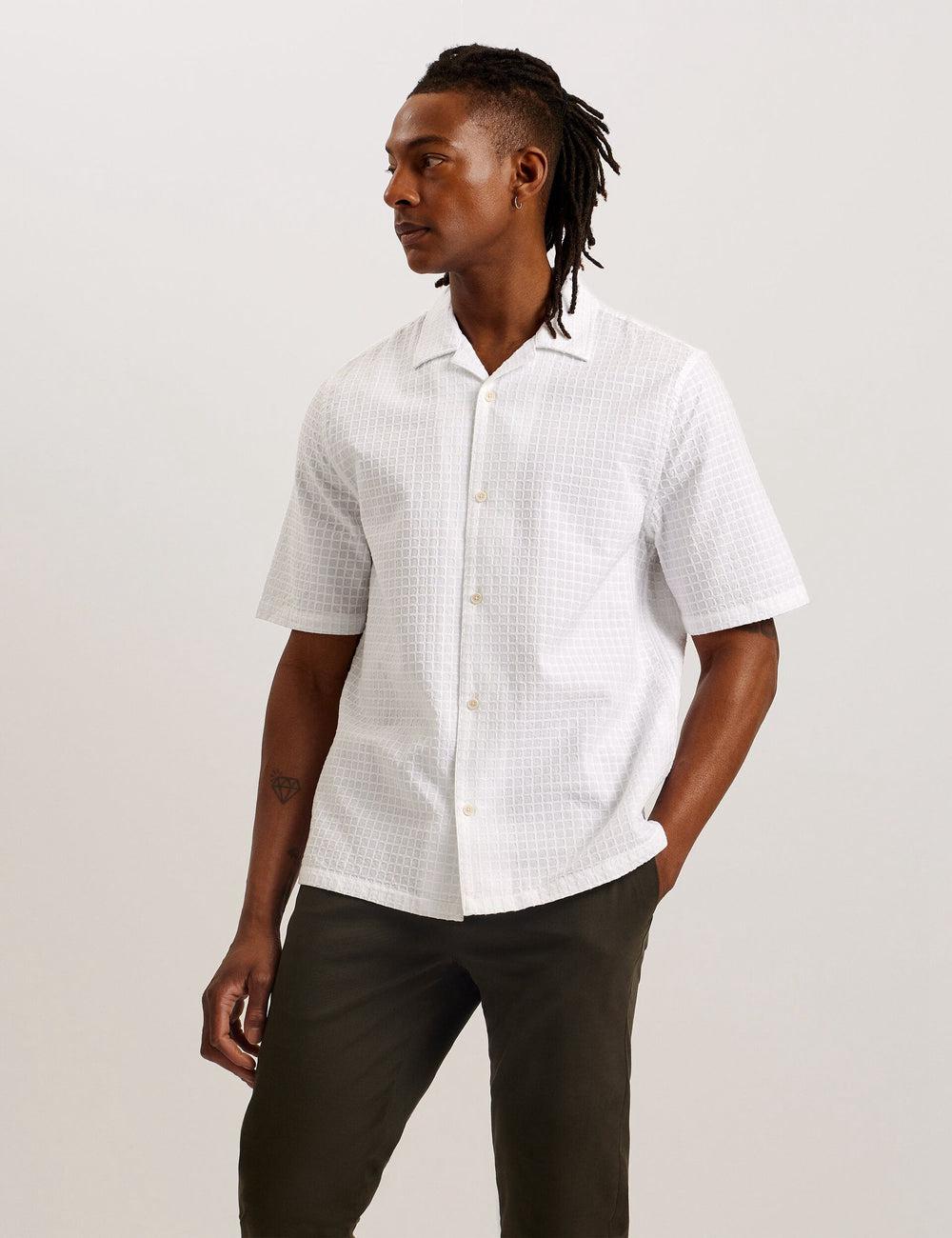 Men Ted Baker OISE - Textured Grid Cotton Short Sleeve Casual Shirts White | CSLD90537