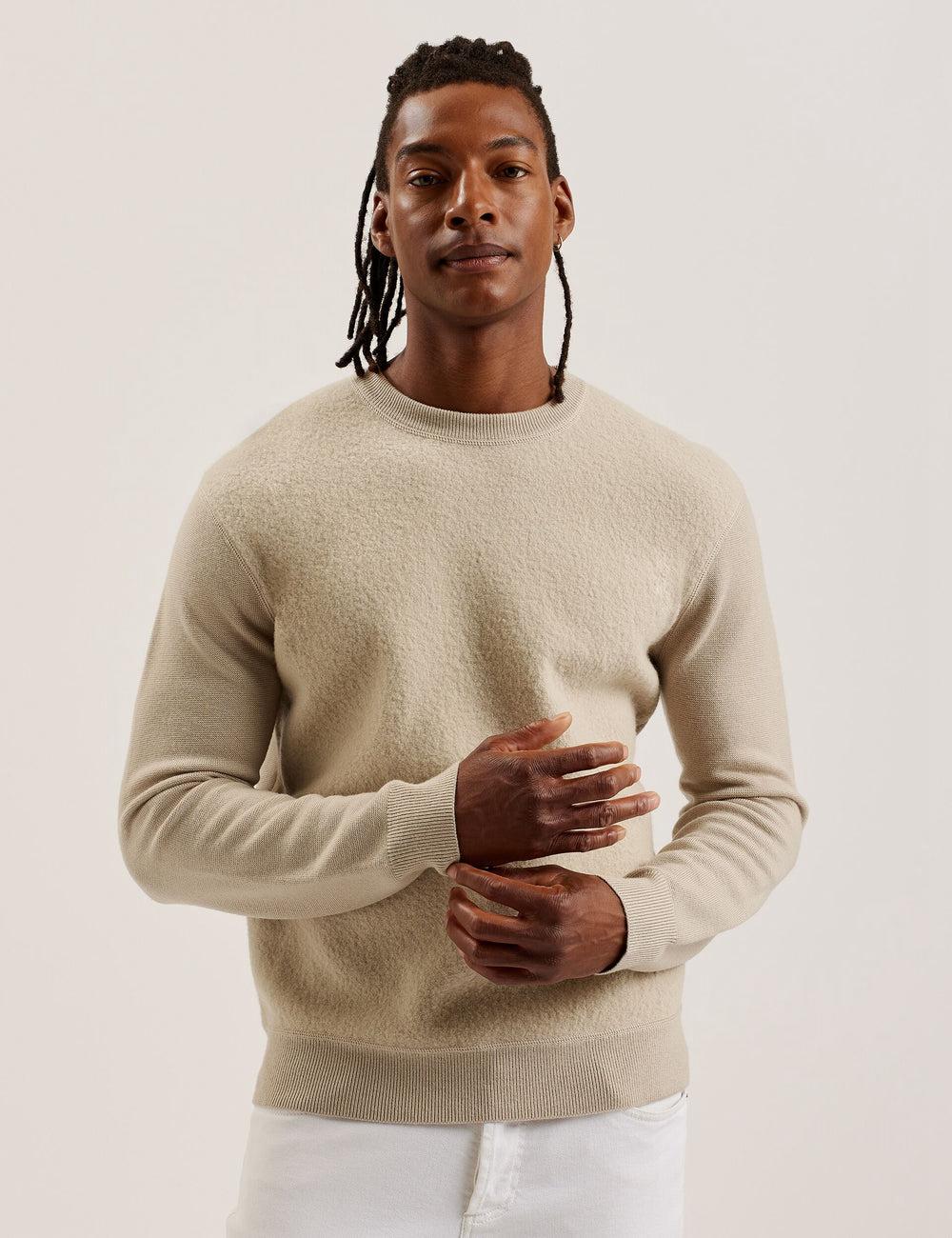 Men Ted Baker OLMSTE - Boucle Wool Blend Crew Neck Jumpers Taupe | MVEZ98706