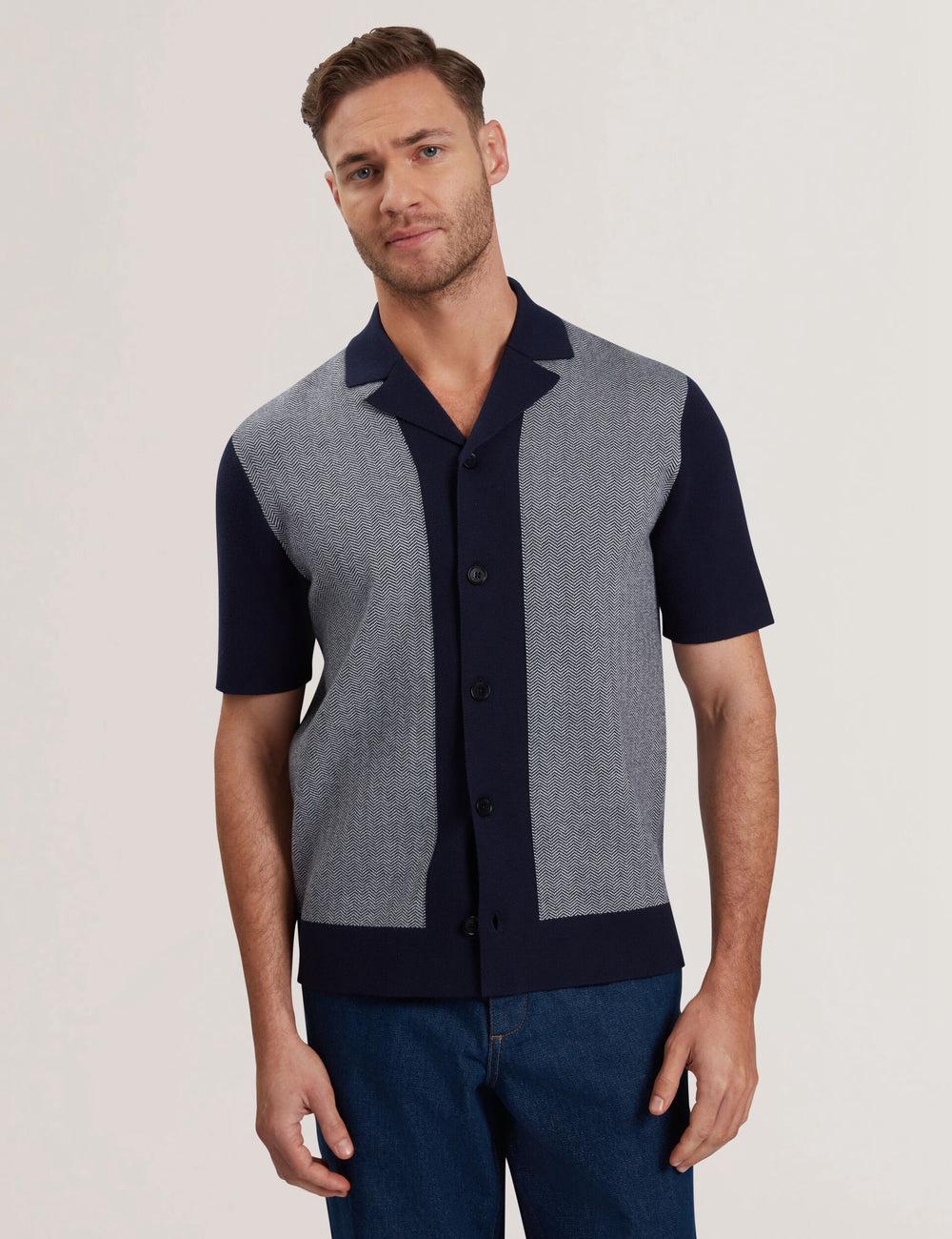 Men Ted Baker PADRIG - Herringbone Knit Colour Block Short Sleeve Casual Shirts Navy | KSCR94820