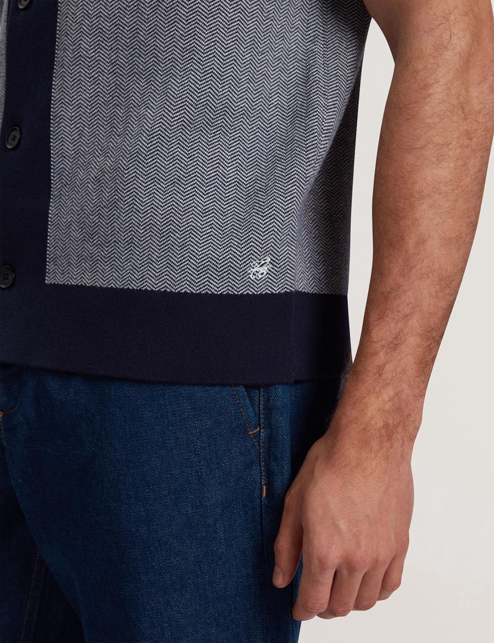 Men Ted Baker PADRIG - Herringbone Knit Colour Block Short Sleeve Casual Shirts Navy | KSCR94820