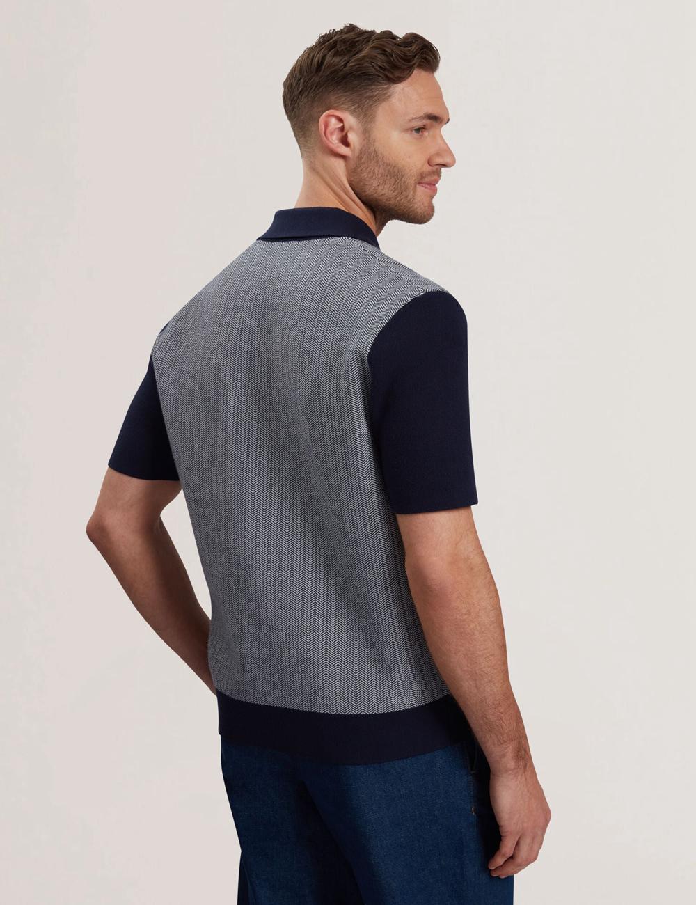 Men Ted Baker PADRIG - Herringbone Knit Colour Block Short Sleeve Casual Shirts Navy | KSCR94820