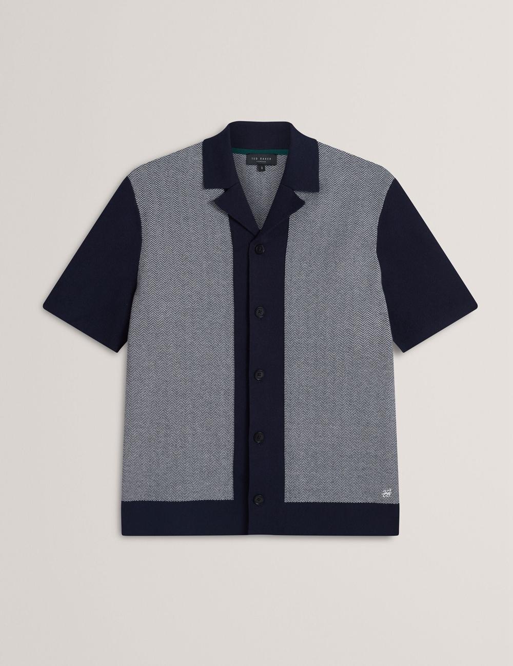 Men Ted Baker PADRIG - Herringbone Knit Colour Block Short Sleeve Casual Shirts Navy | KSCR94820