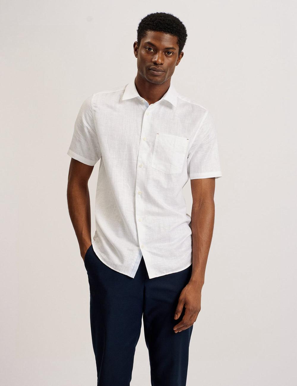 Men Ted Baker PALOMAS - Short Sleeve Textured Linen Cotton Casual Shirts White | ROCM78946