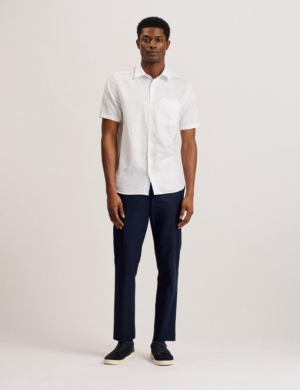 Men Ted Baker PALOMAS - Short Sleeve Textured Linen Cotton Casual Shirts White | ROCM78946