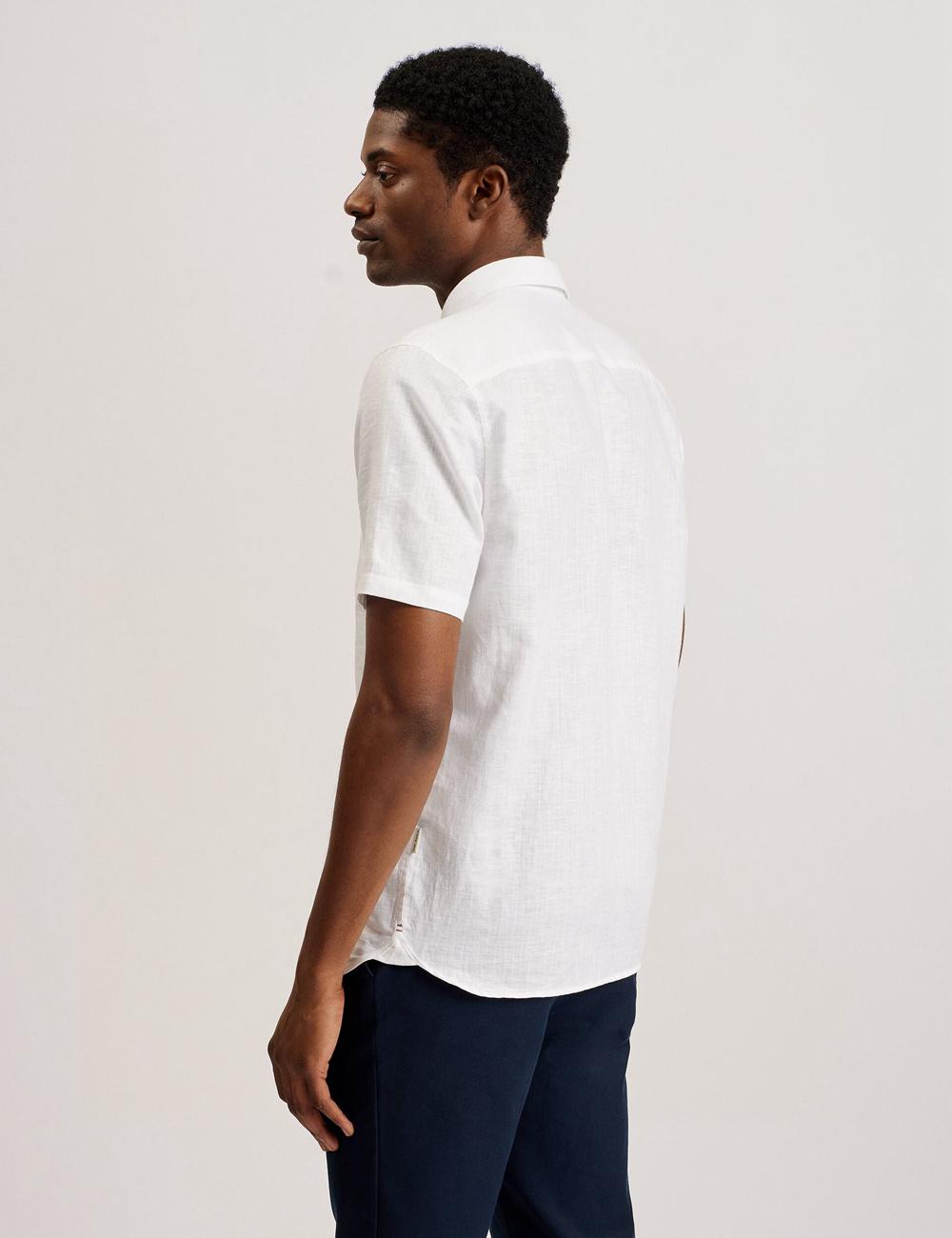Men Ted Baker PALOMAS - Short Sleeve Textured Linen Cotton Casual Shirts White | ROCM78946