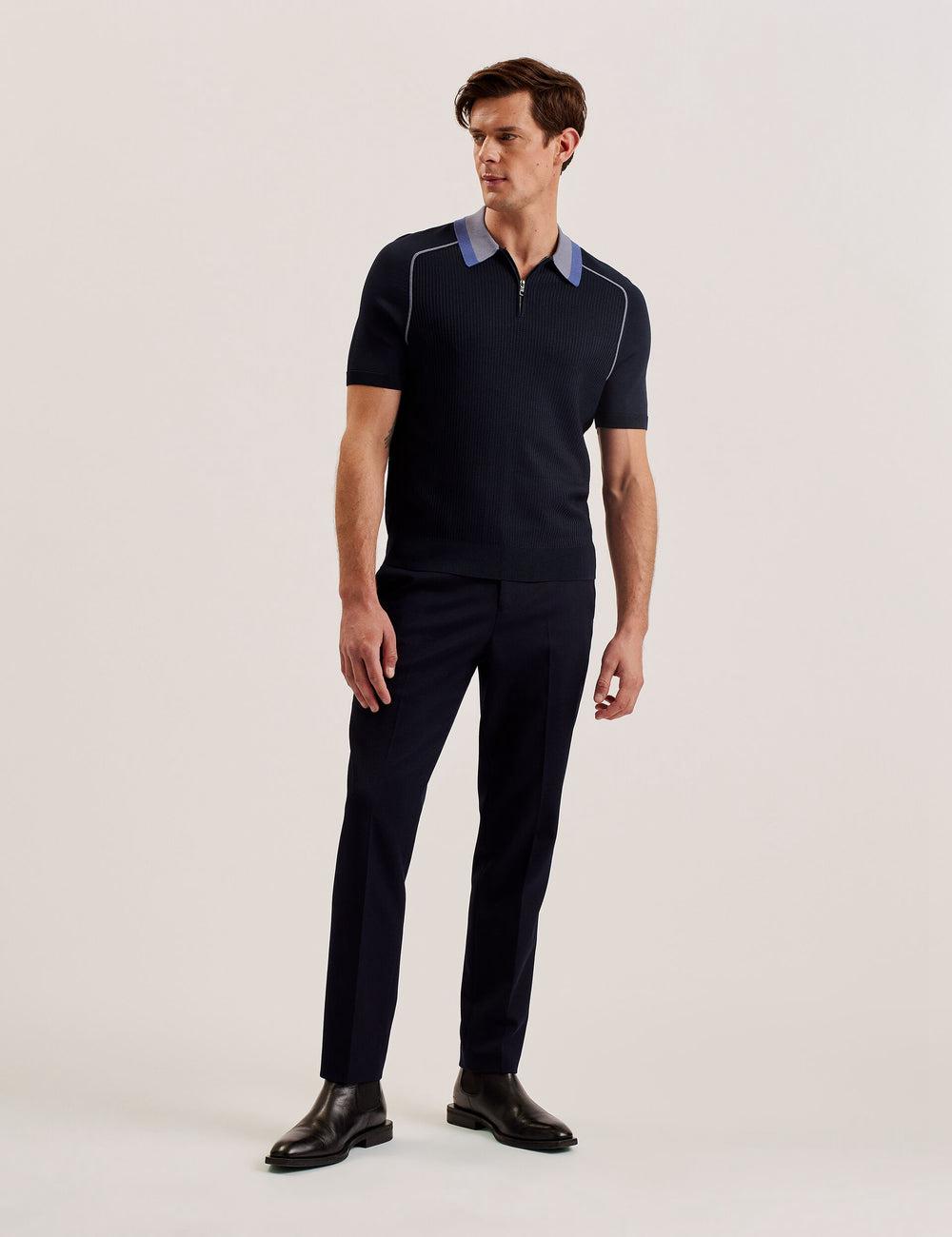 Men Ted Baker PAXTO - Textured Zip With Striped Collar Polos Shirts Navy | ZDLG78312