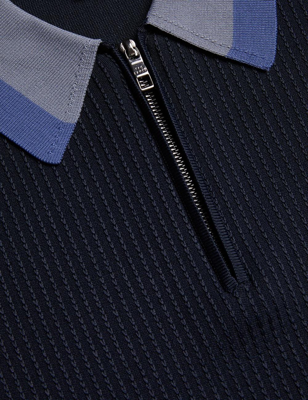 Men Ted Baker PAXTO - Textured Zip With Striped Collar Polos Shirts Navy | ZDLG78312