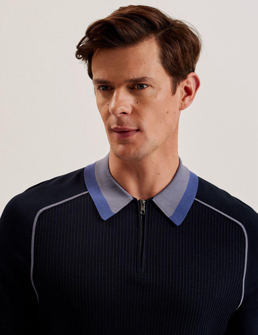 Men Ted Baker PAXTO - Textured Zip With Striped Collar Polos Shirts Navy | ZDLG78312