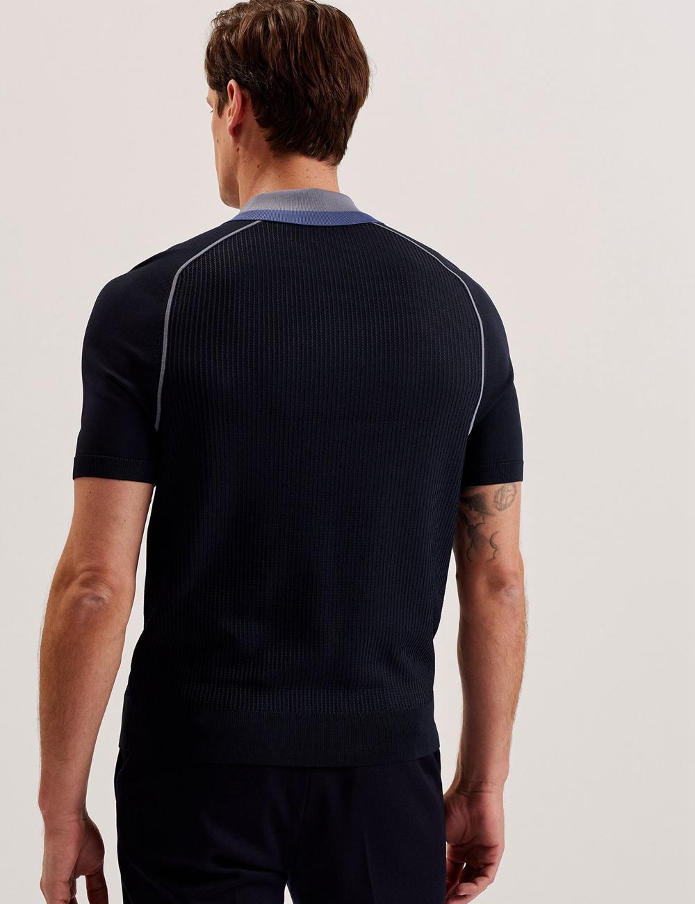 Men Ted Baker PAXTO - Textured Zip With Striped Collar Polos Shirts Navy | ZDLG78312