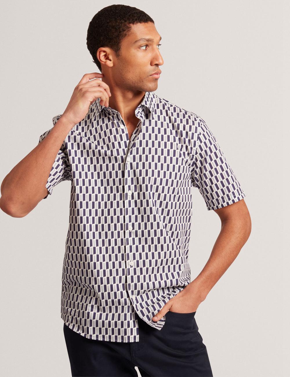 Men Ted Baker PEARSOS - Geo Print Short Sleeve Cotton Casual Shirts Navy | EOCH54623