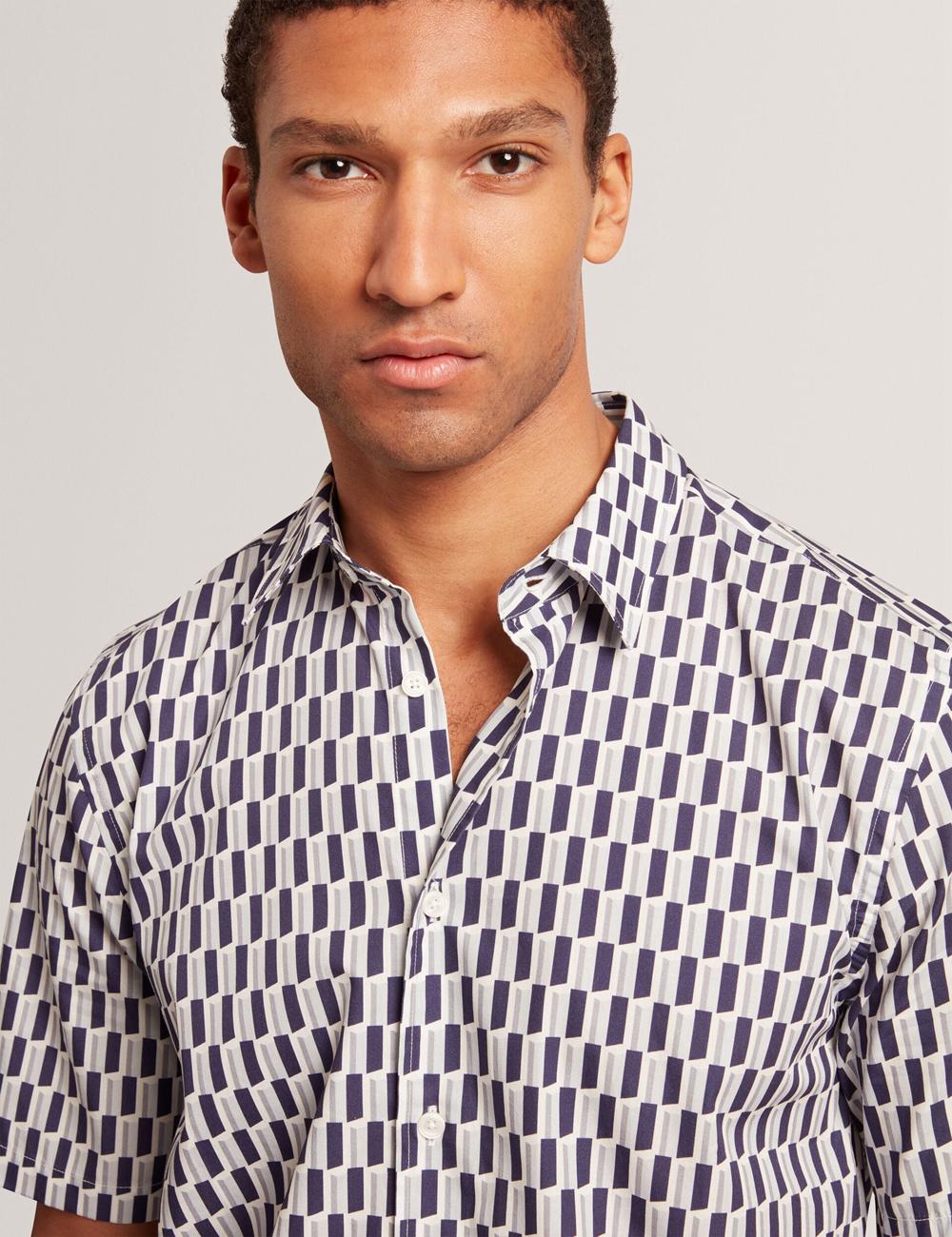 Men Ted Baker PEARSOS - Geo Print Short Sleeve Cotton Casual Shirts Navy | EOCH54623