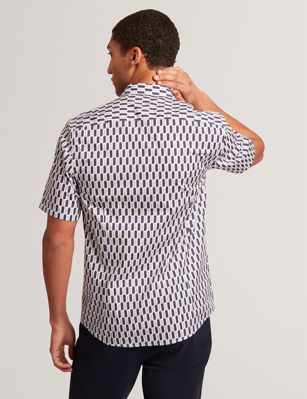 Men Ted Baker PEARSOS - Geo Print Short Sleeve Cotton Casual Shirts Navy | EOCH54623