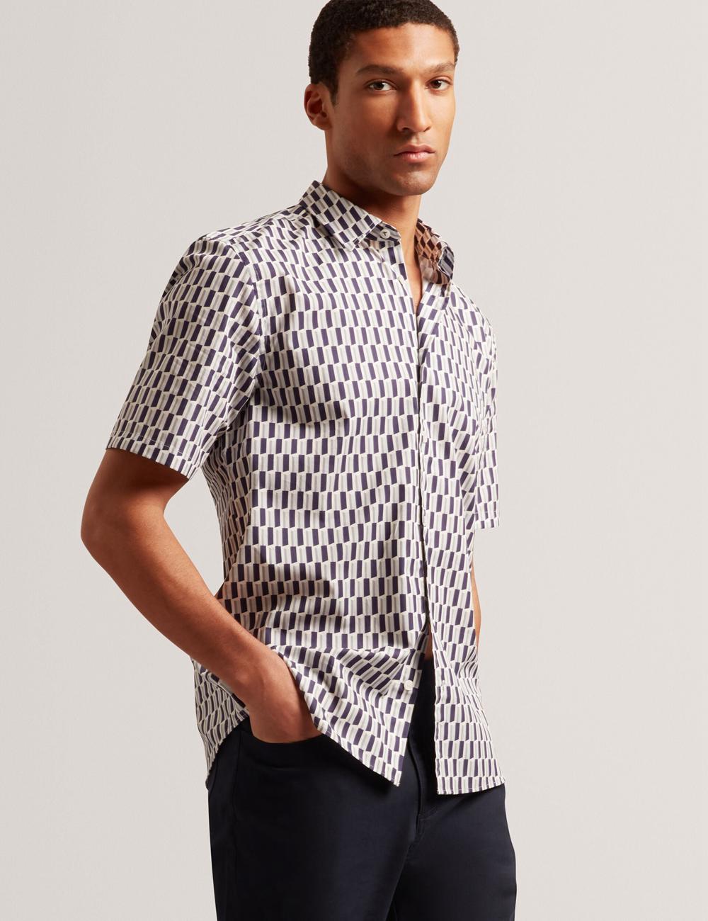 Men Ted Baker PEARSOS - Geo Print Short Sleeve Cotton Casual Shirts Navy | EOCH54623