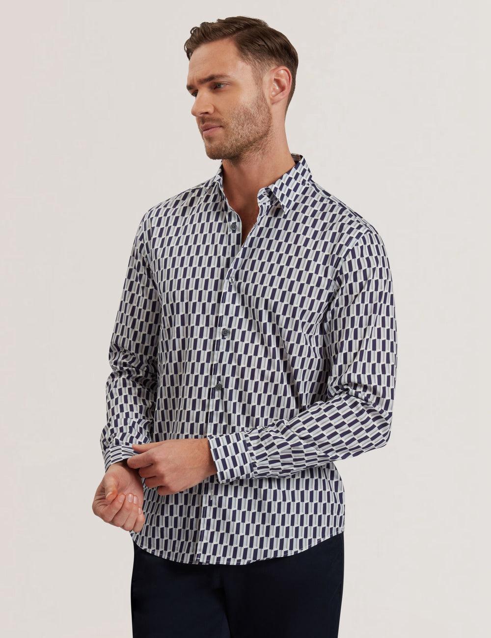 Men Ted Baker PEARSO - Geometric Stripe Long Sleeve Cotton Casual Shirts Navy | VYUI17902