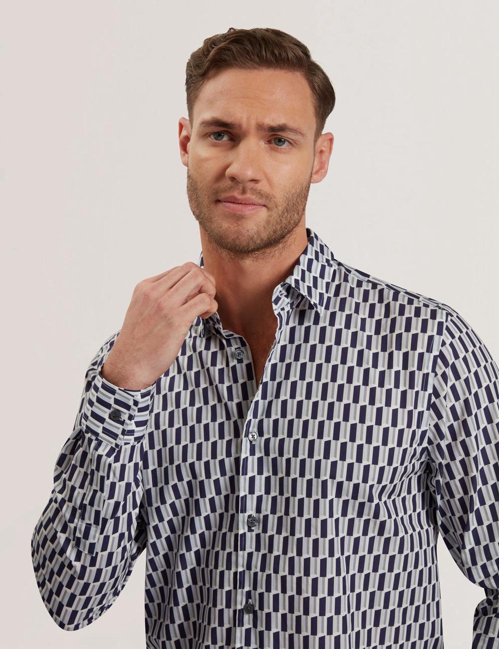 Men Ted Baker PEARSO - Geometric Stripe Long Sleeve Cotton Casual Shirts Navy | VYUI17902