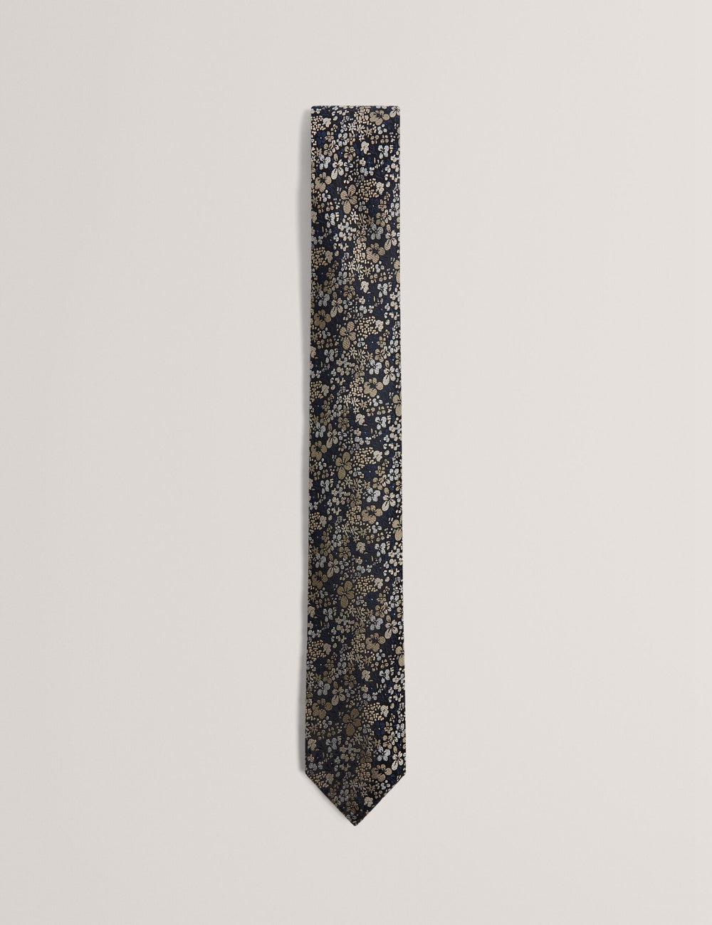 Men Ted Baker PEATYS - Scattered Floral Print Silk Ties Navy | WJFI37265