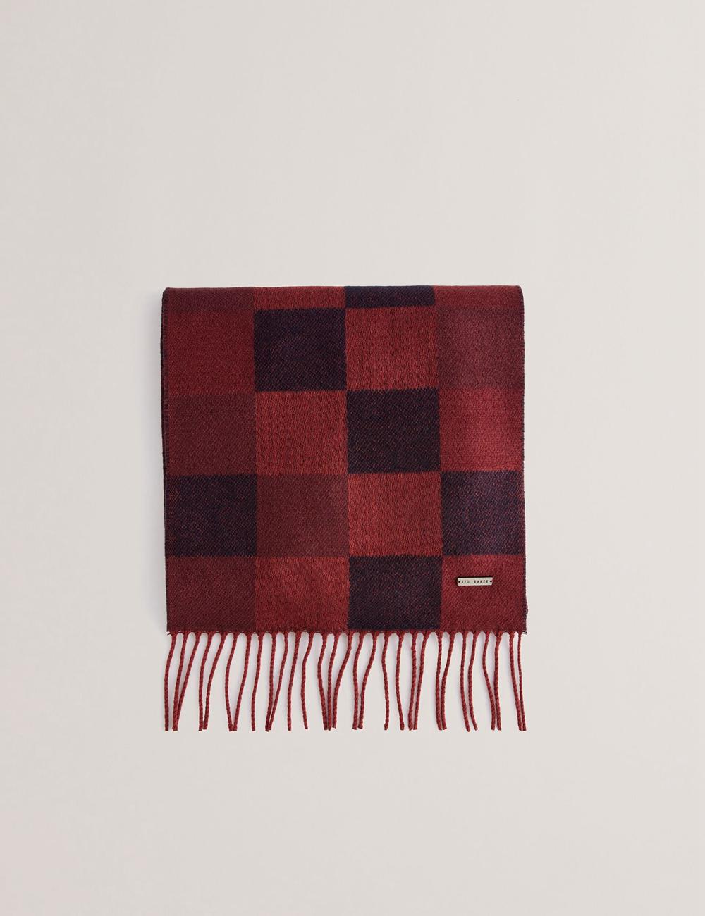 Men Ted Baker PETERRR - Block Check With Fringe Trim Woven Scarves Oxblood | CNEZ12376