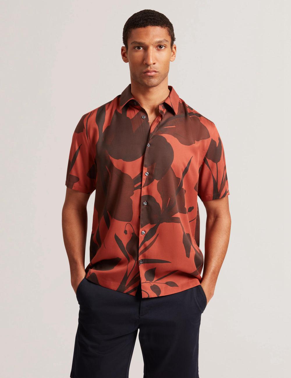 Men Ted Baker PINEDA - Short Sleeve Relaxed Floral Print Casual Shirts Red | DUBO59704