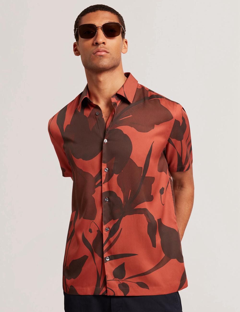 Men Ted Baker PINEDA - Short Sleeve Relaxed Floral Print Casual Shirts Red | DUBO59704