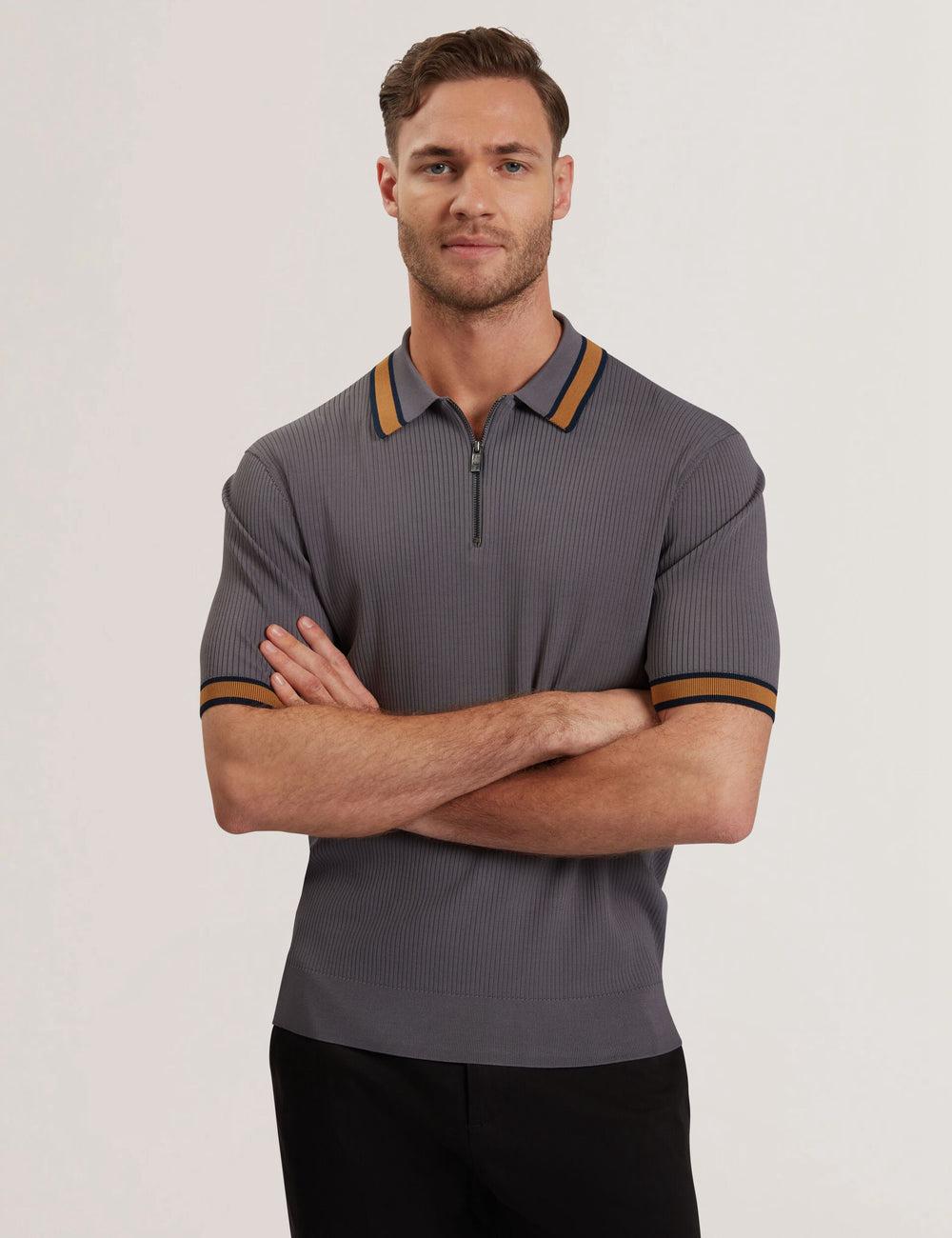Men Ted Baker RAFAELO - Striped Trim Zip Neck Ribbed Polos Shirts Dk-Grey | ISOV67249