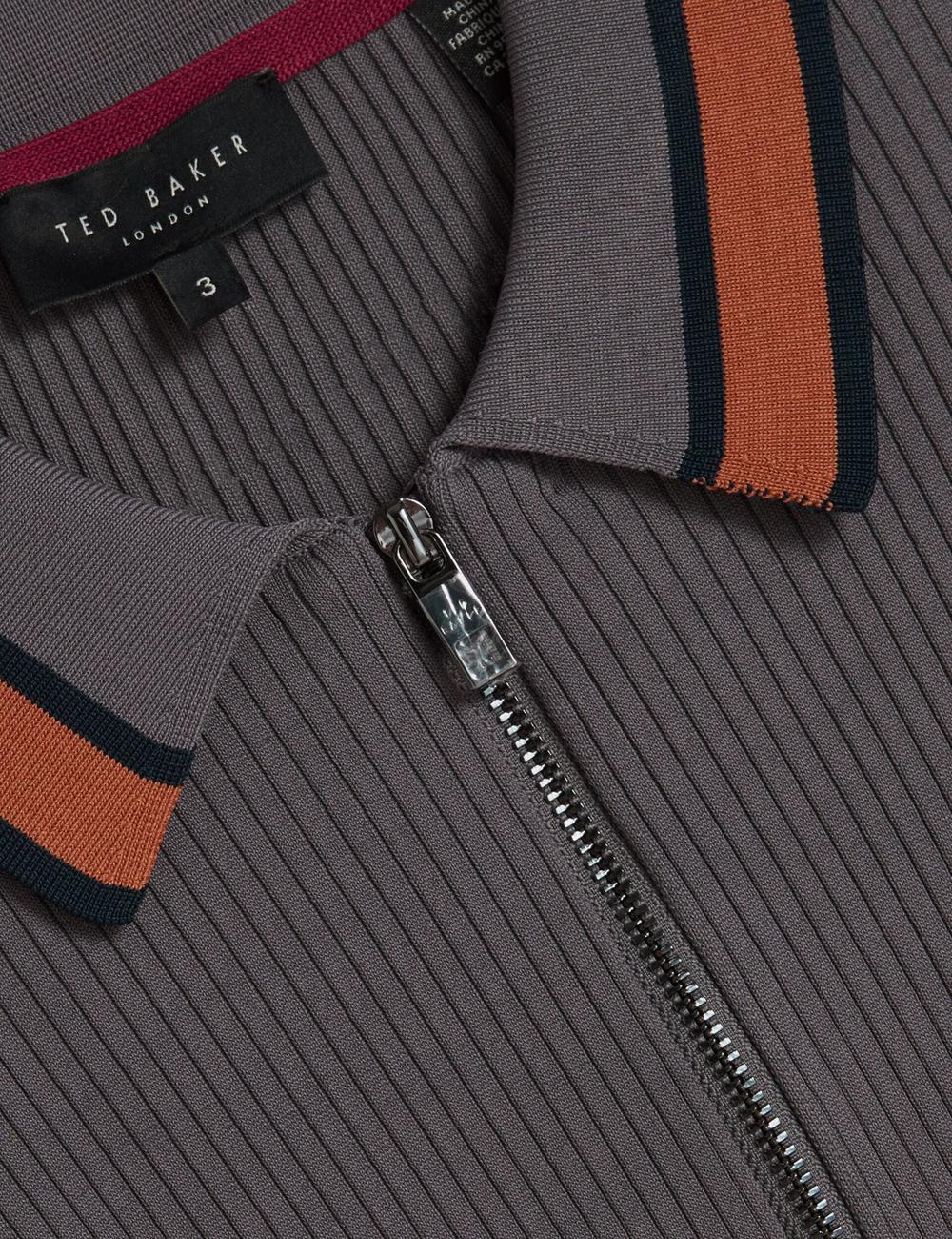 Men Ted Baker RAFAELO - Striped Trim Zip Neck Ribbed Polos Shirts Dk-Grey | ISOV67249
