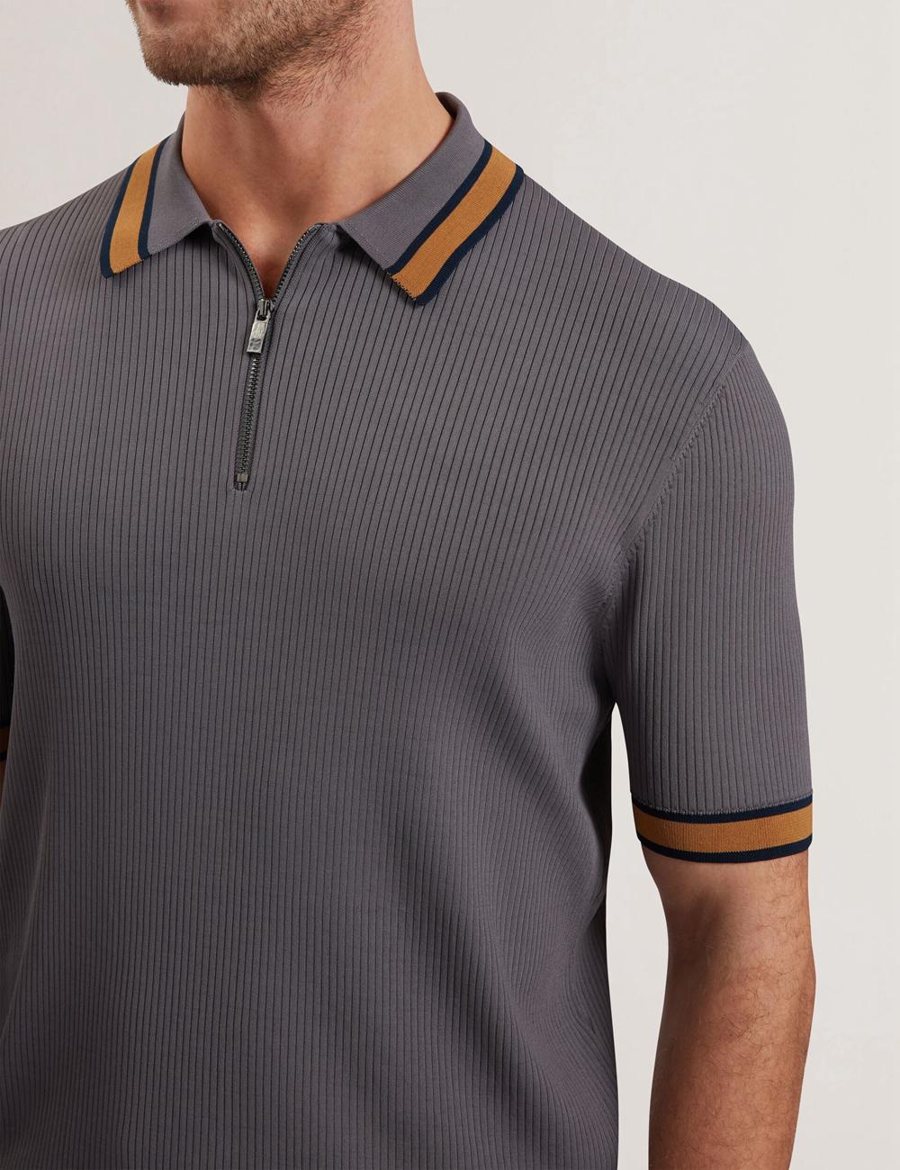 Men Ted Baker RAFAELO - Striped Trim Zip Neck Ribbed Polos Shirts Dk-Grey | ISOV67249