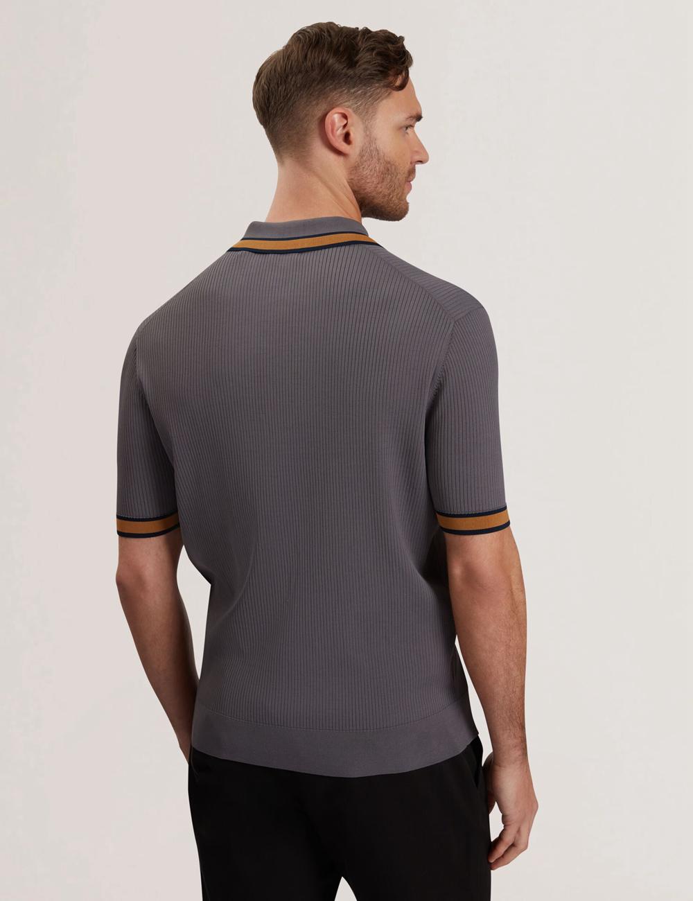 Men Ted Baker RAFAELO - Striped Trim Zip Neck Ribbed Polos Shirts Dk-Grey | ISOV67249