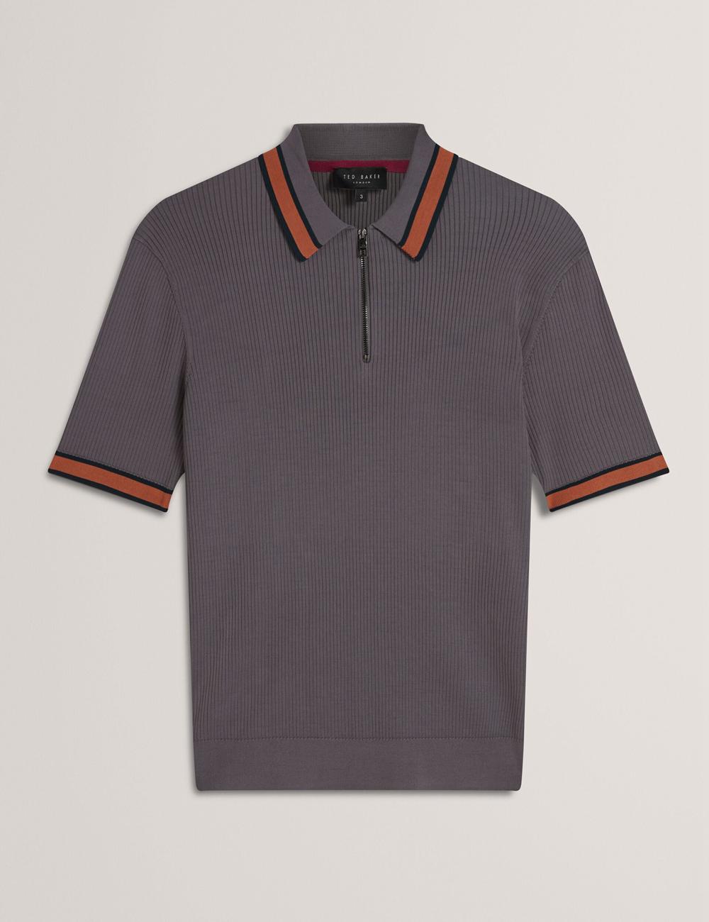 Men Ted Baker RAFAELO - Striped Trim Zip Neck Ribbed Polos Shirts Dk-Grey | ISOV67249