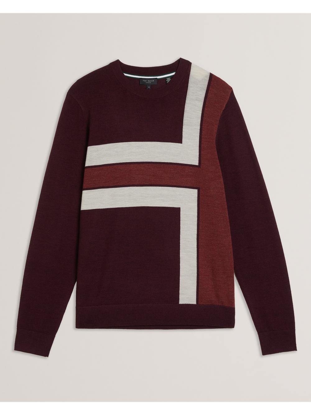 Men Ted Baker ROIKA - Colour Block Crew Neck Wool Jumpers Maroon | ZGMI71963