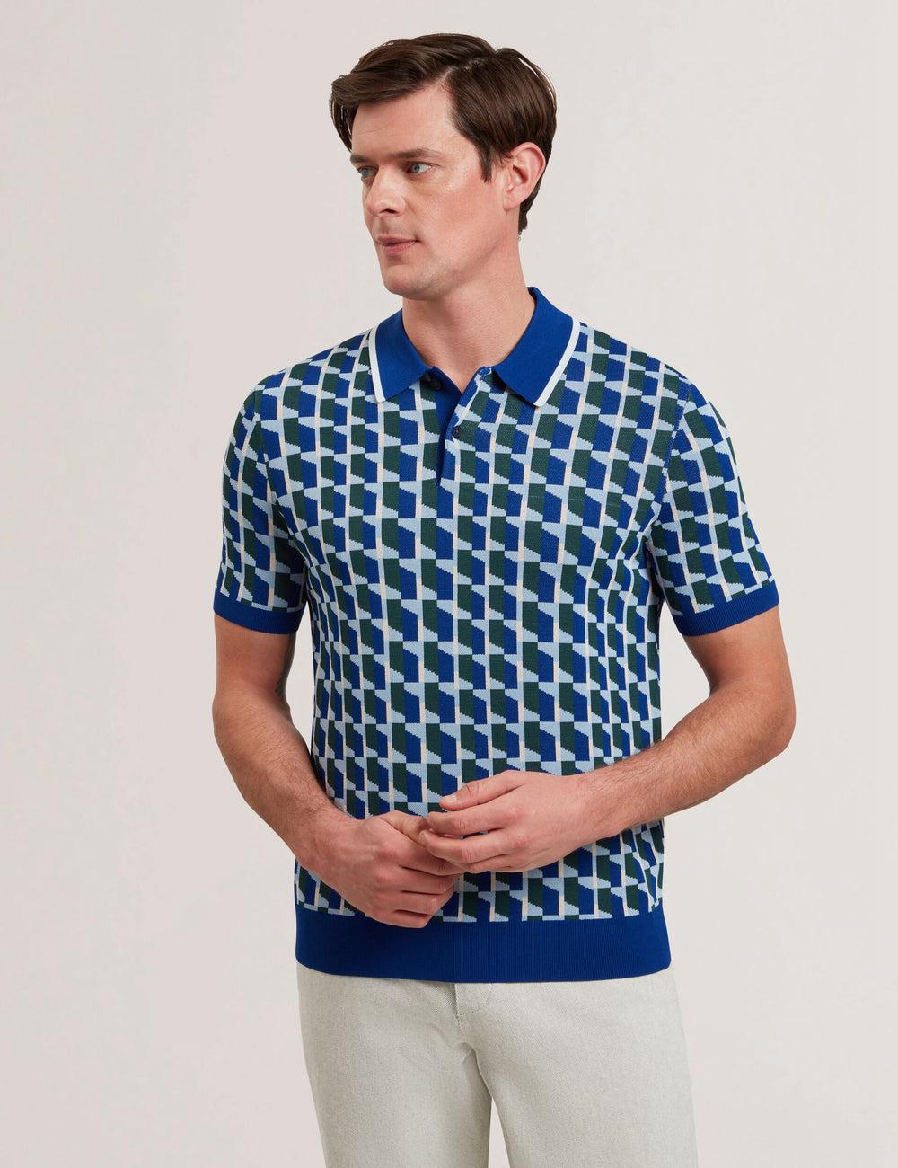 Men Ted Baker ROSSIO - Geometric Knitted Short Sleeve Polos Shirts Lt-Navy | QMYJ54763