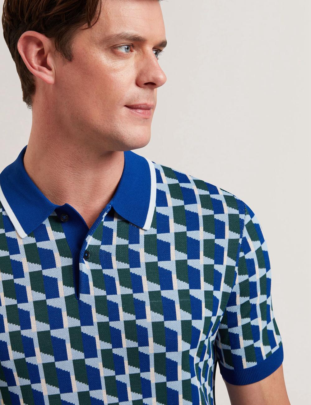 Men Ted Baker ROSSIO - Geometric Knitted Short Sleeve Polos Shirts Lt-Navy | QMYJ54763