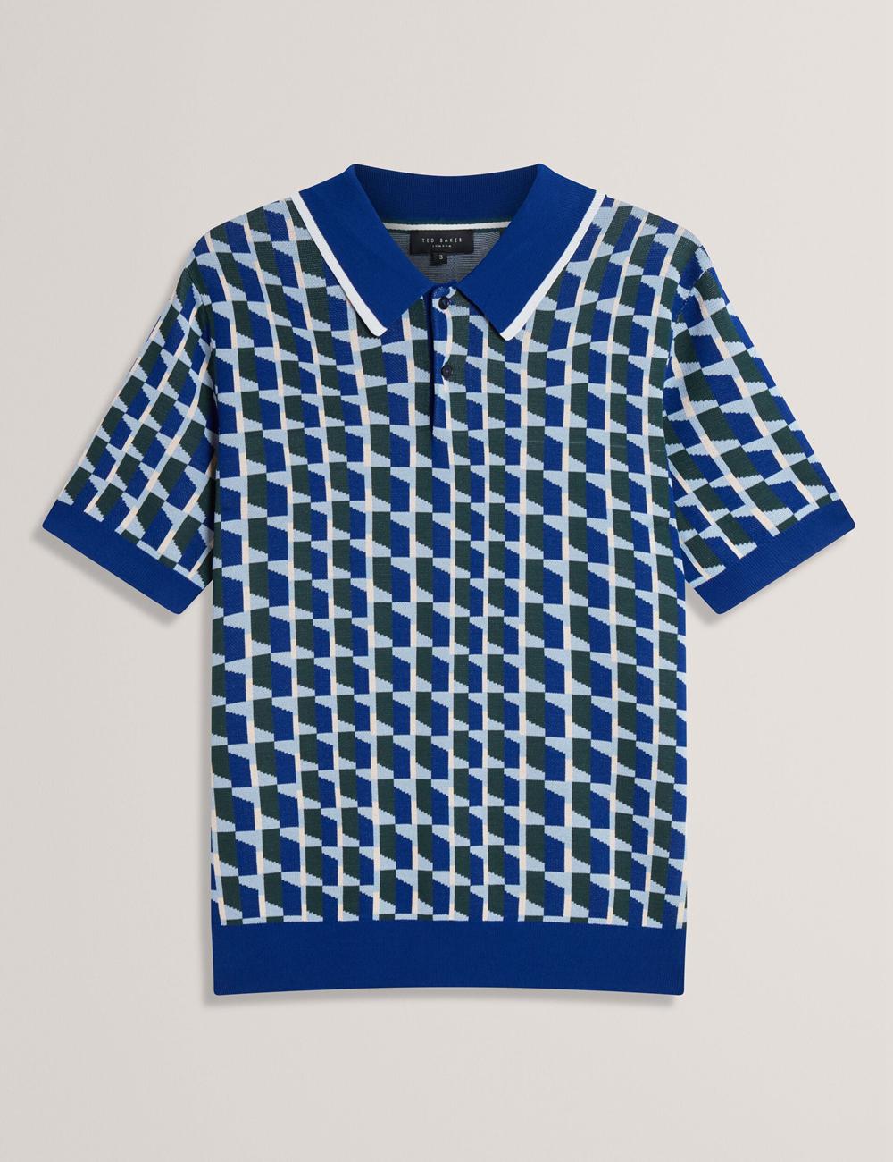 Men Ted Baker ROSSIO - Geometric Knitted Short Sleeve Polos Shirts Lt-Navy | QMYJ54763